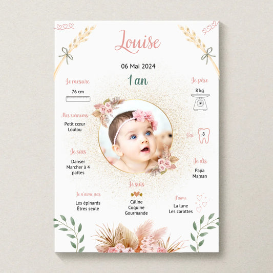 Affiche personnalisée Baptême ou Anniversaire "Champêtre" Fille Affiche baptême Plume Revedor