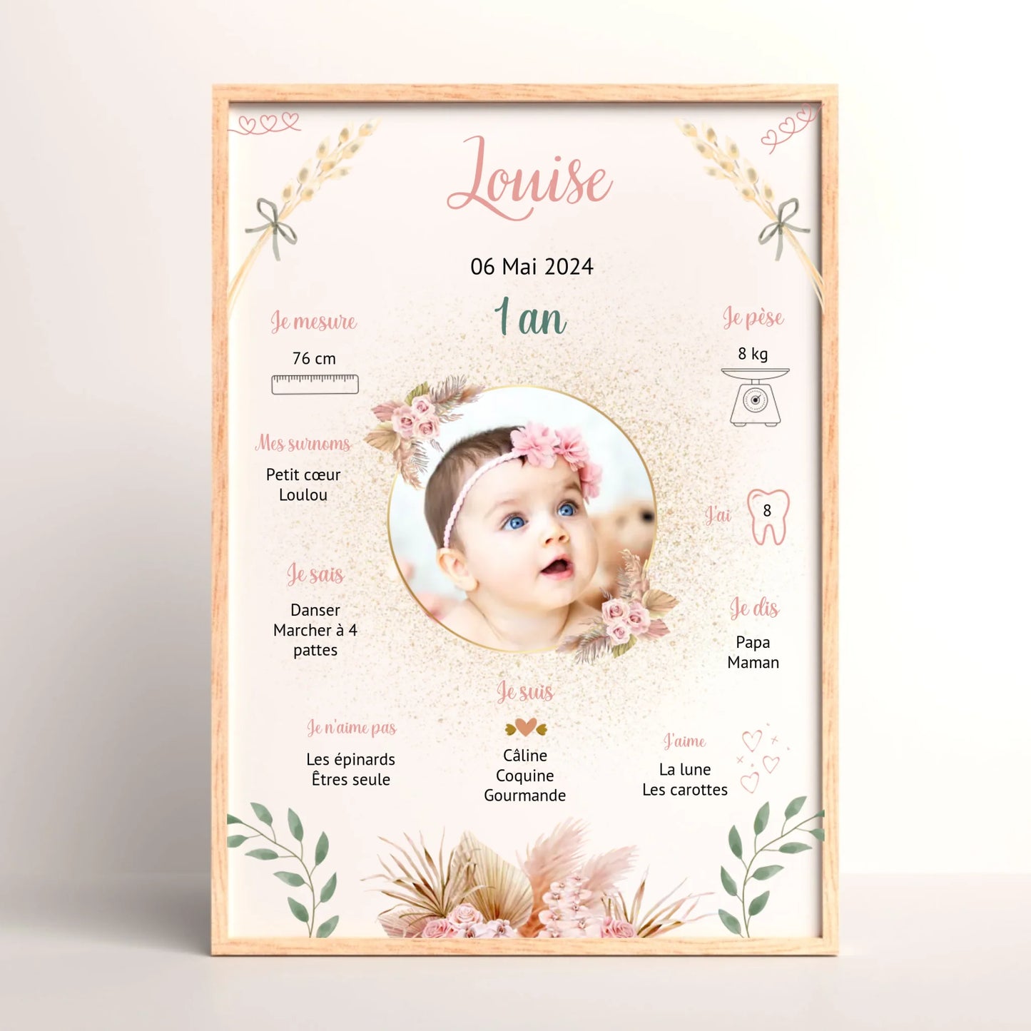 Affiche personnalisée Baptême ou Anniversaire "Champêtre" Fille Affiche baptême Plume Revedor