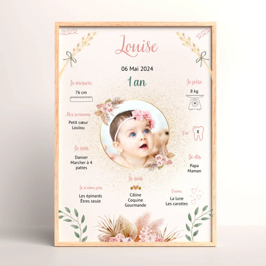 Cadre personnalisé Baptême ou Anniversaire "Bohème Roses"