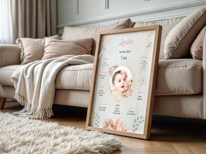 Affiche personnalisée Baptême ou Anniversaire "Champêtre" Fille Affiche baptême Plume Revedor