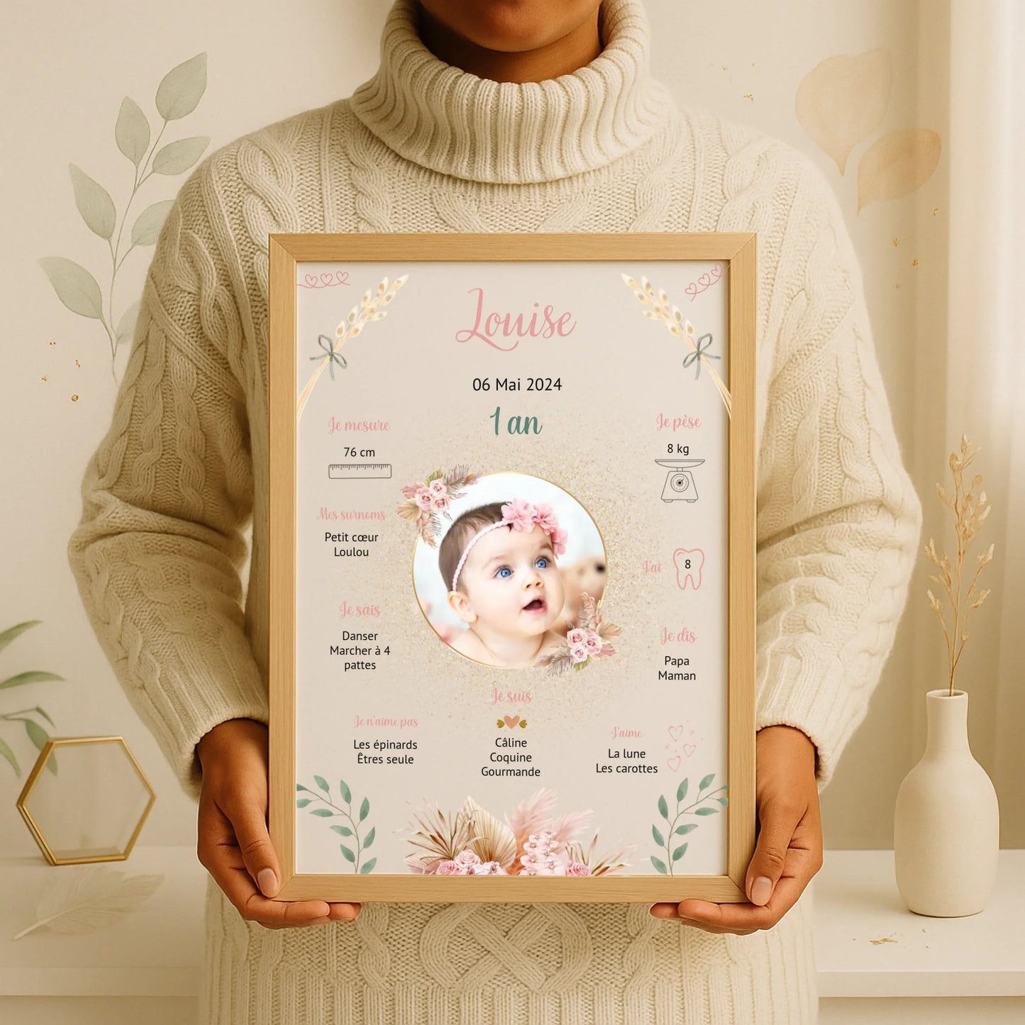 Affiche personnalisée Baptême ou Anniversaire "Champêtre" Fille Affiche baptême Plume Revedor