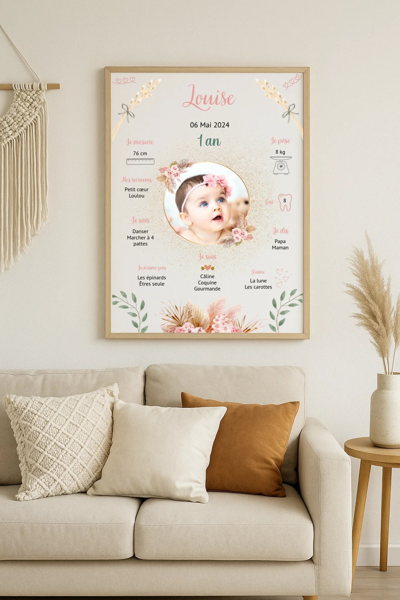 Affiche personnalisée Baptême ou Anniversaire "Champêtre" Fille Affiche baptême Plume Revedor