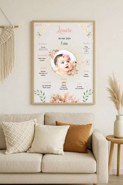 Affiche personnalisée Baptême ou Anniversaire "Champêtre" Fille Affiche baptême Plume Revedor