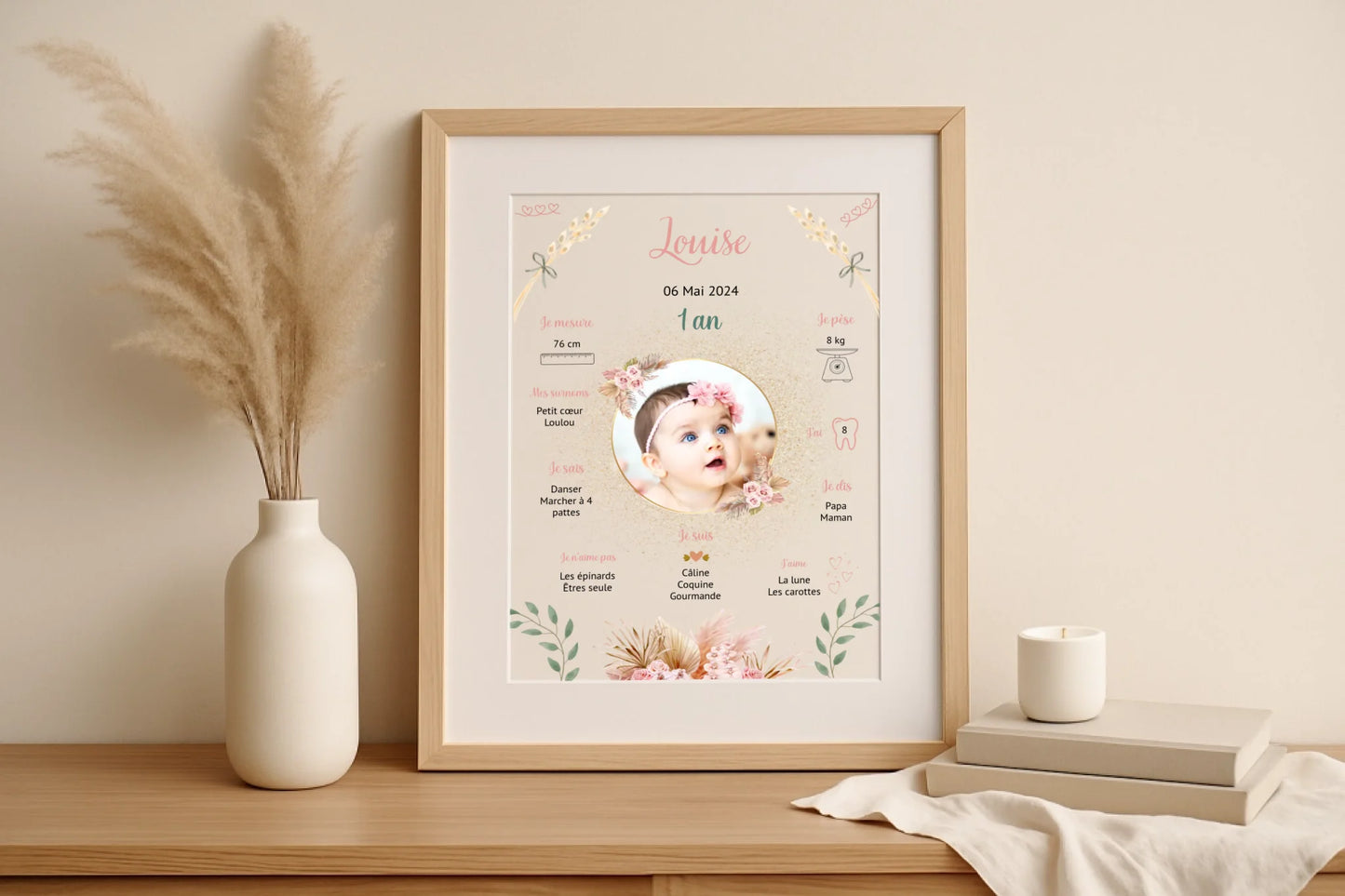 Affiche personnalisée Baptême ou Anniversaire "Champêtre" Fille Affiche baptême Plume Revedor