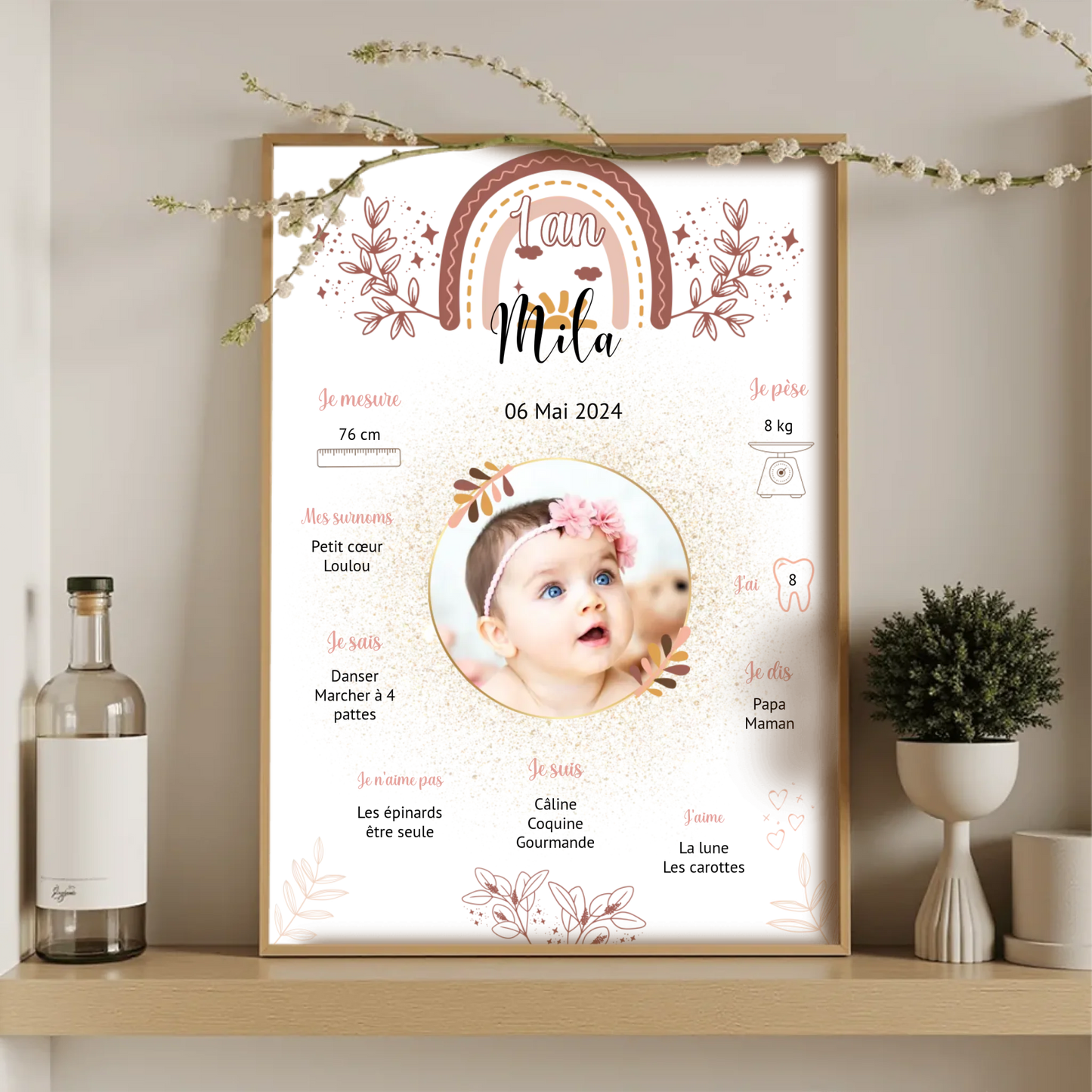 Affiche personnalisée Baptême ou Anniversaire "Arc en ciel" Affiche Baptême Plume Revedor