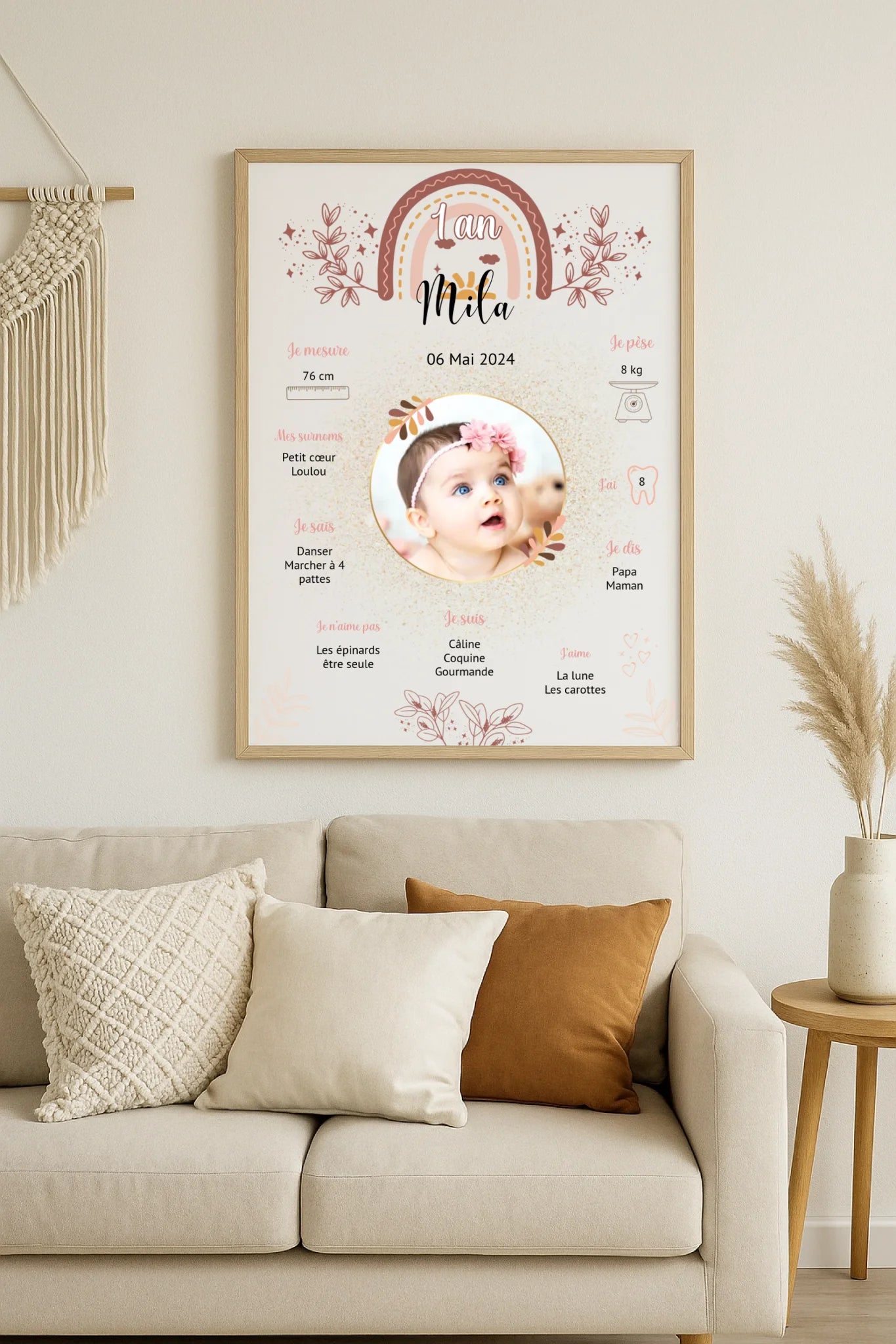 Affiche personnalisée Baptême ou Anniversaire "Arc en ciel" Affiche Baptême Plume Revedor