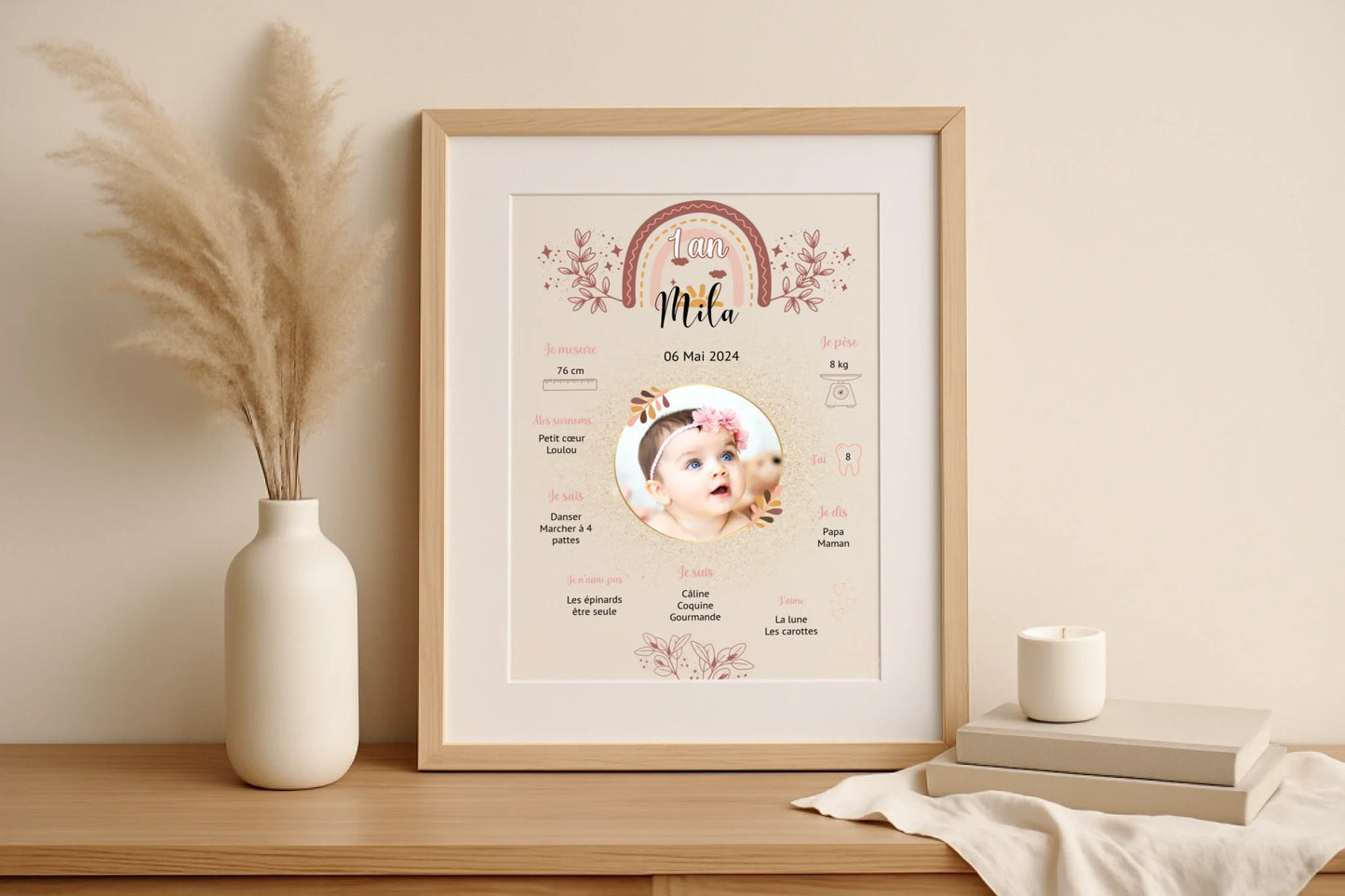 Affiche personnalisée Baptême ou Anniversaire "Arc en ciel" Affiche Baptême Plume Revedor