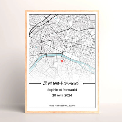 Cadre couple personnalisé - carte du lieu de rencontre - là où tout à commencé