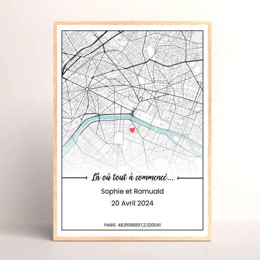 Cadre couple personnalisé - carte du lieu de rencontre - là où tout à commencé