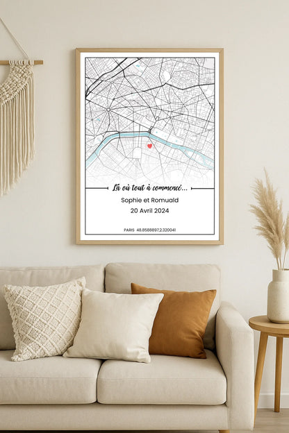 Affiche personnalisée - couple carte de ville Affiche couple Plume Revedor