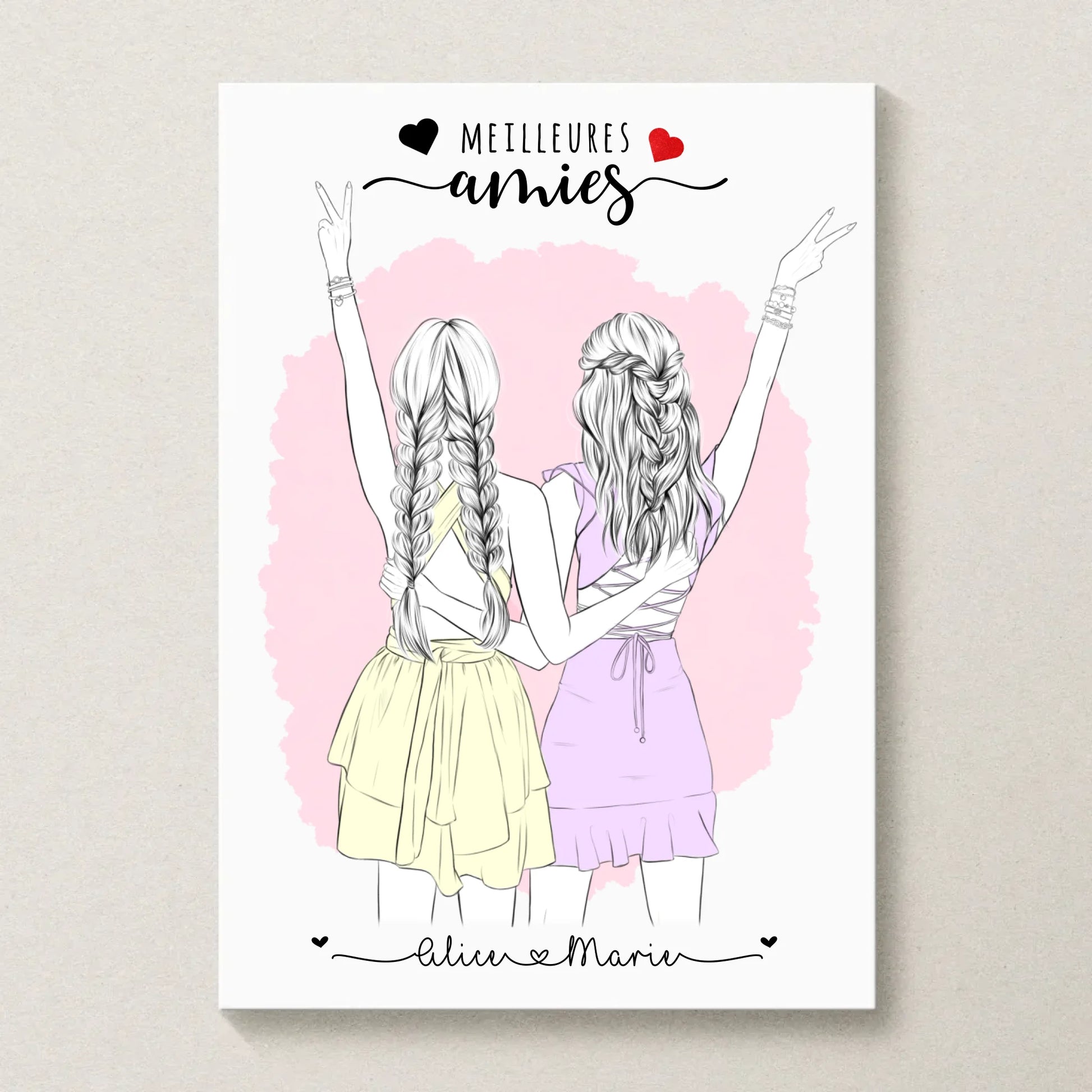 Affiche meilleures amies illustrée – deux filles en robe pastel vues de dos