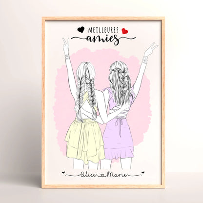 Poster amitié fille style croquis – personnalisation prénoms