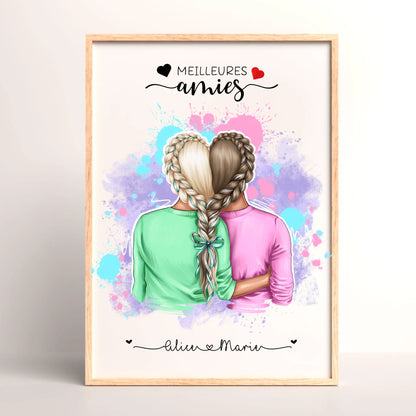 Affiche Personnalisée Meilleures Amies Nattes cœur Affiche Personnalisée Meilleures Amies Plume Revedor