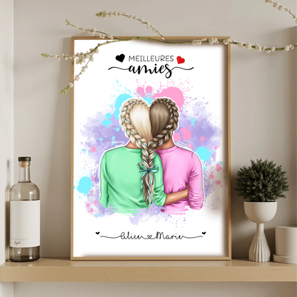 Affiche Personnalisée Meilleures Amies Nattes cœur Affiche Personnalisée Meilleures Amies Plume Revedor