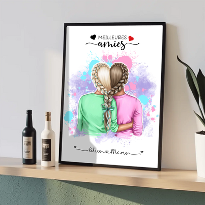Affiche Personnalisée Meilleures Amies Nattes cœur Affiche Personnalisée Meilleures Amies Plume Revedor