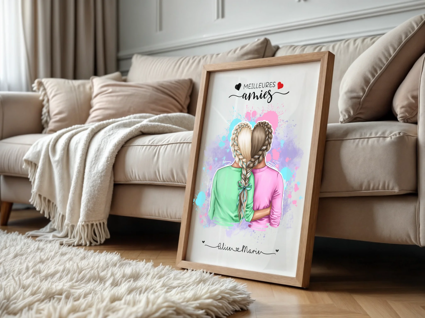 Affiche Personnalisée Meilleures Amies Nattes cœur Affiche Personnalisée Meilleures Amies Plume Revedor