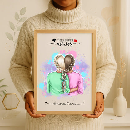 Affiche Personnalisée Meilleures Amies Nattes cœur Affiche Personnalisée Meilleures Amies Plume Revedor