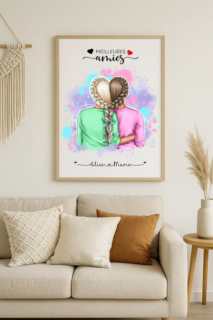 Affiche Personnalisée Meilleures Amies Nattes cœur Affiche Personnalisée Meilleures Amies Plume Revedor