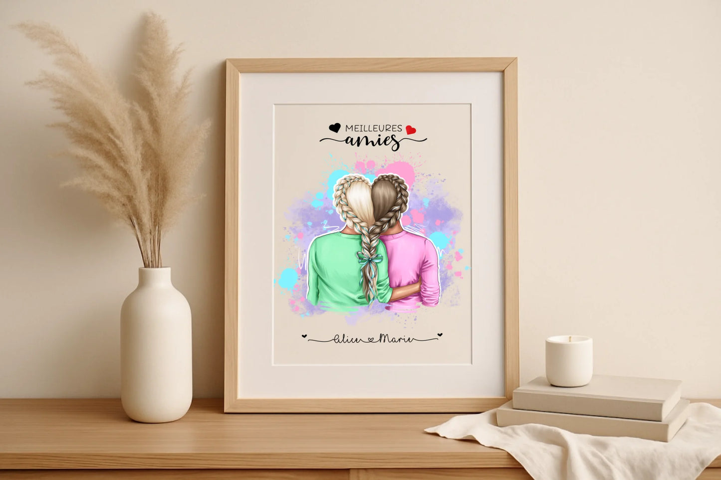 Affiche Personnalisée Meilleures Amies Nattes cœur Affiche Personnalisée Meilleures Amies Plume Revedor
