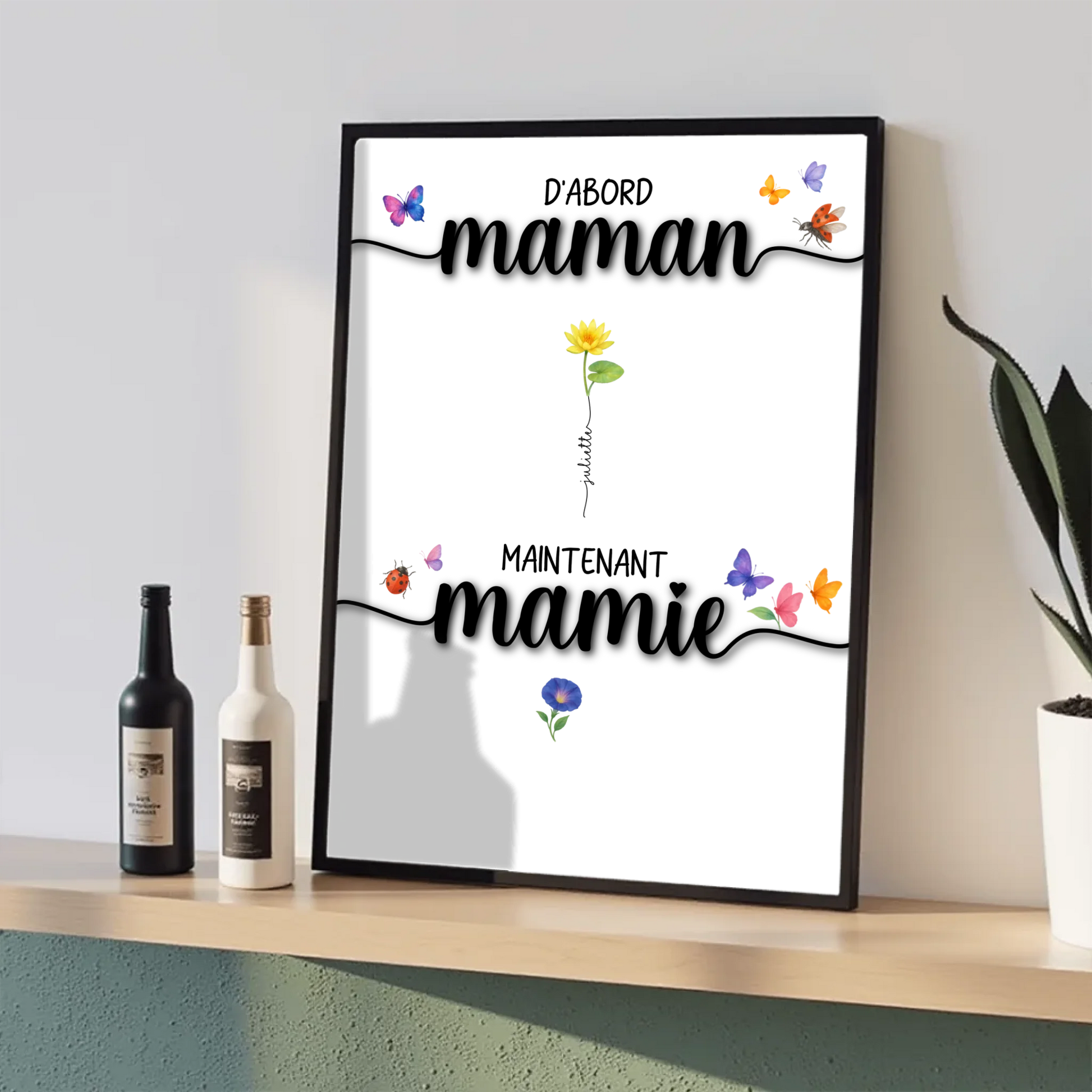 Affiche D'abord maman, maintenant mamie avec Fleurs de Naissance Affiche D'abord maman Plume Revedor