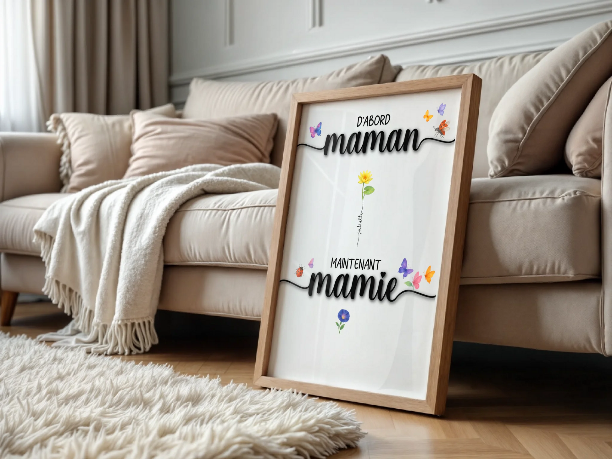 Affiche D'abord maman, maintenant mamie avec Fleurs de Naissance Affiche D'abord maman Plume Revedor