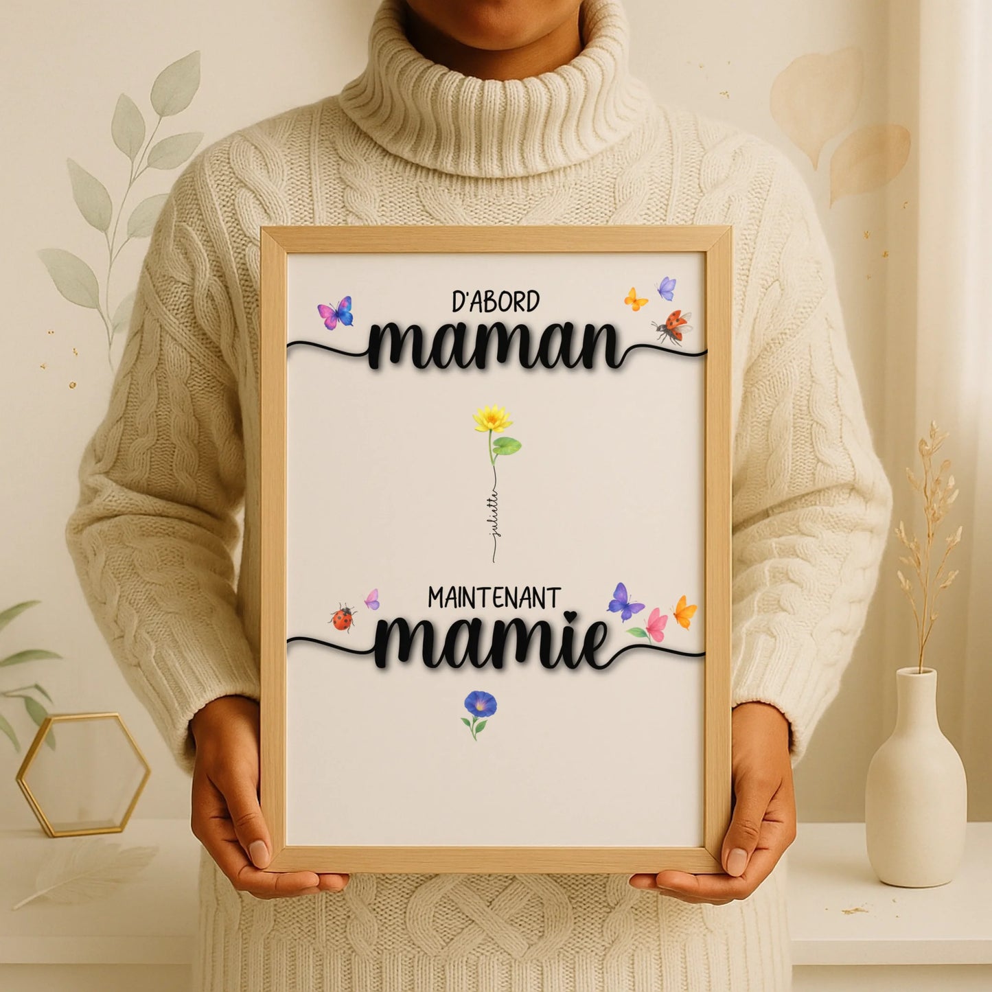 Affiche D'abord maman, maintenant mamie avec Fleurs de Naissance Affiche D'abord maman Plume Revedor