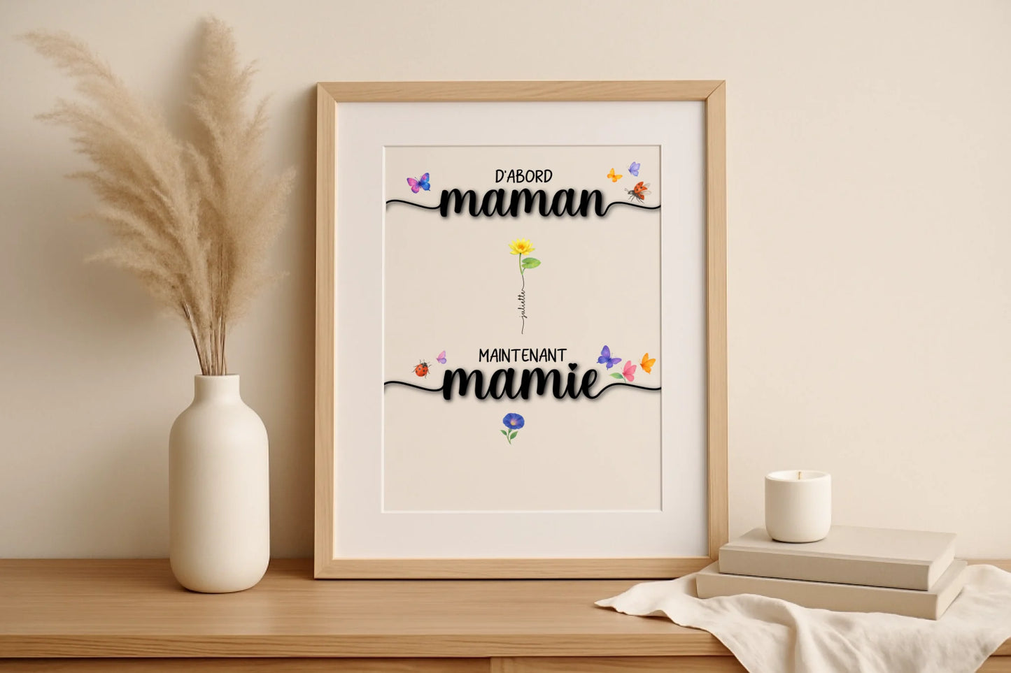 Affiche D'abord maman, maintenant mamie avec Fleurs de Naissance Affiche D'abord maman Plume Revedor