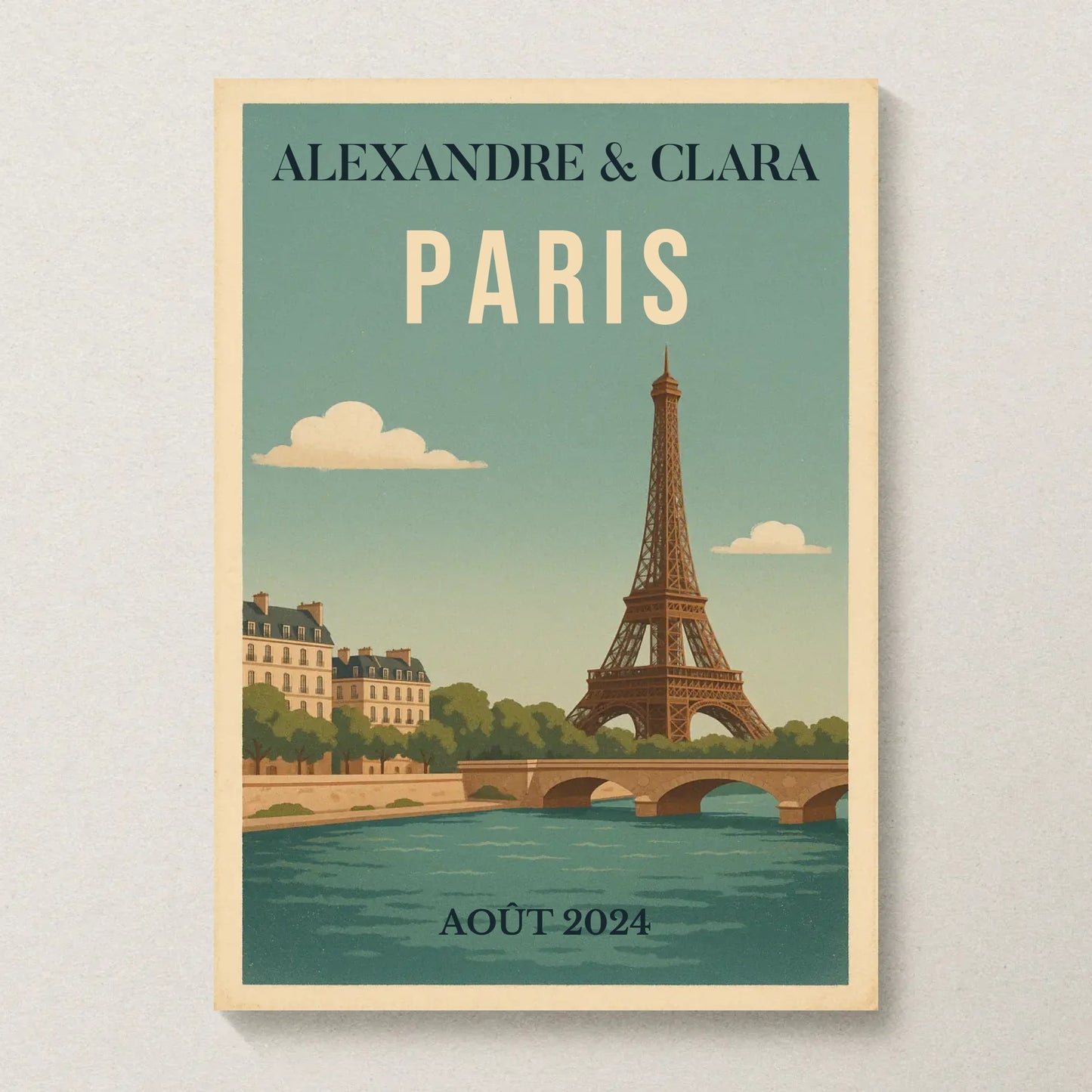 Affiche vintage personnalisée Paris – Tour Eiffel & Pont sur la Seine Affiche vintage personnalisée Plume Revedor