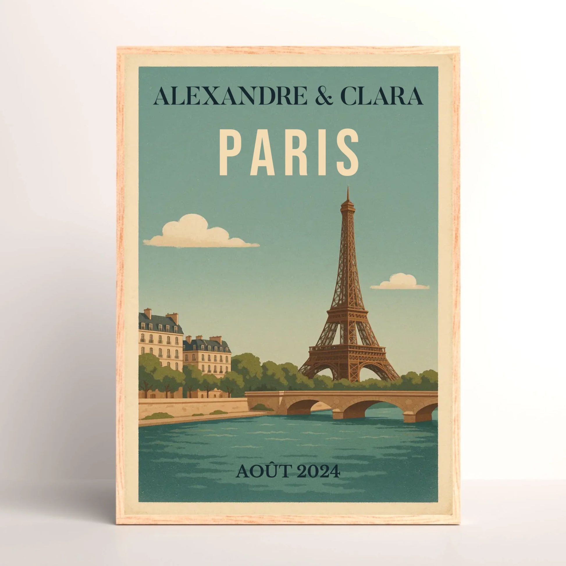 Affiche vintage personnalisée Paris – Tour Eiffel & Pont sur la Seine Affiche vintage personnalisée Plume Revedor