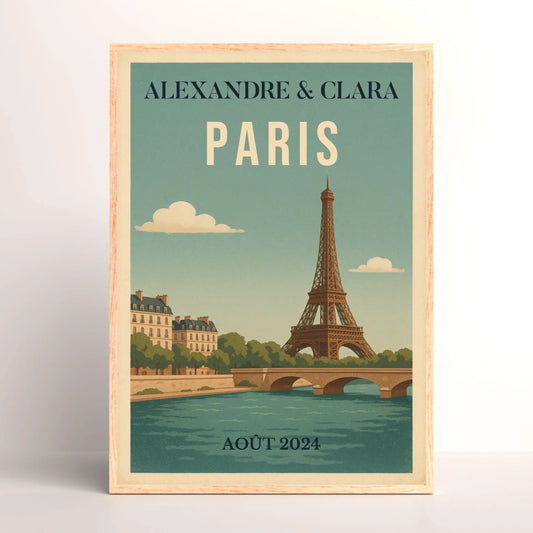 Affiche vintage personnalisée Paris – Tour Eiffel & Pont sur la Seine Affiche vintage personnalisée Plume Revedor