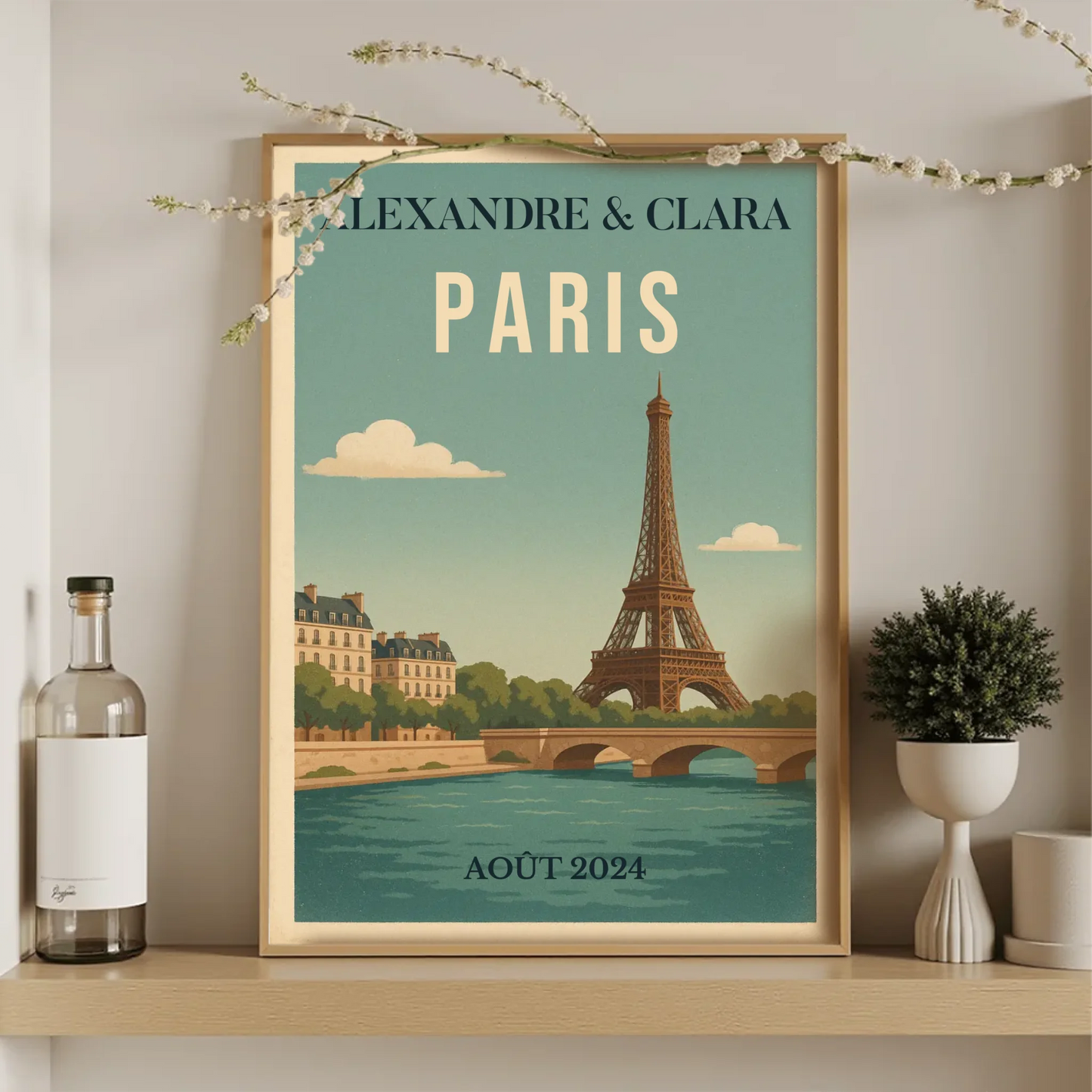 Affiche vintage personnalisée Paris – Tour Eiffel & Pont sur la Seine Affiche vintage personnalisée Plume Revedor