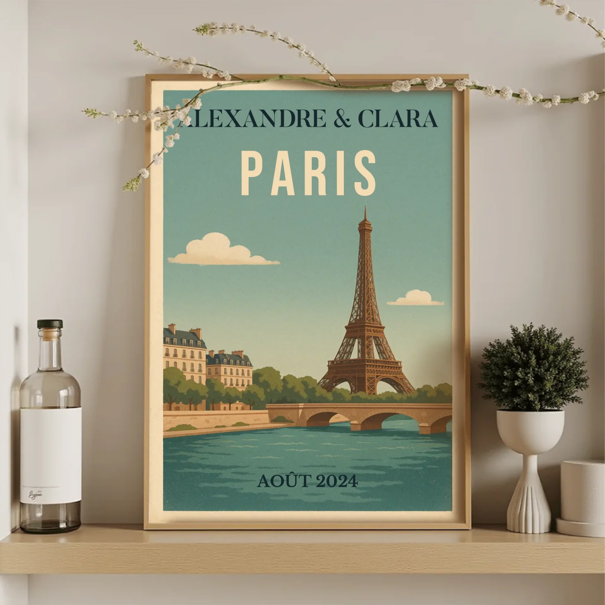Affiche vintage personnalisée Paris – Tour Eiffel & Pont sur la Seine Affiche vintage personnalisée Plume Revedor