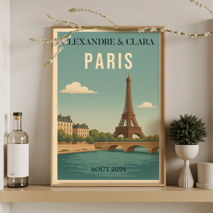 Affiche vintage personnalisée Paris – Tour Eiffel & Pont sur la Seine Affiche vintage personnalisée Plume Revedor