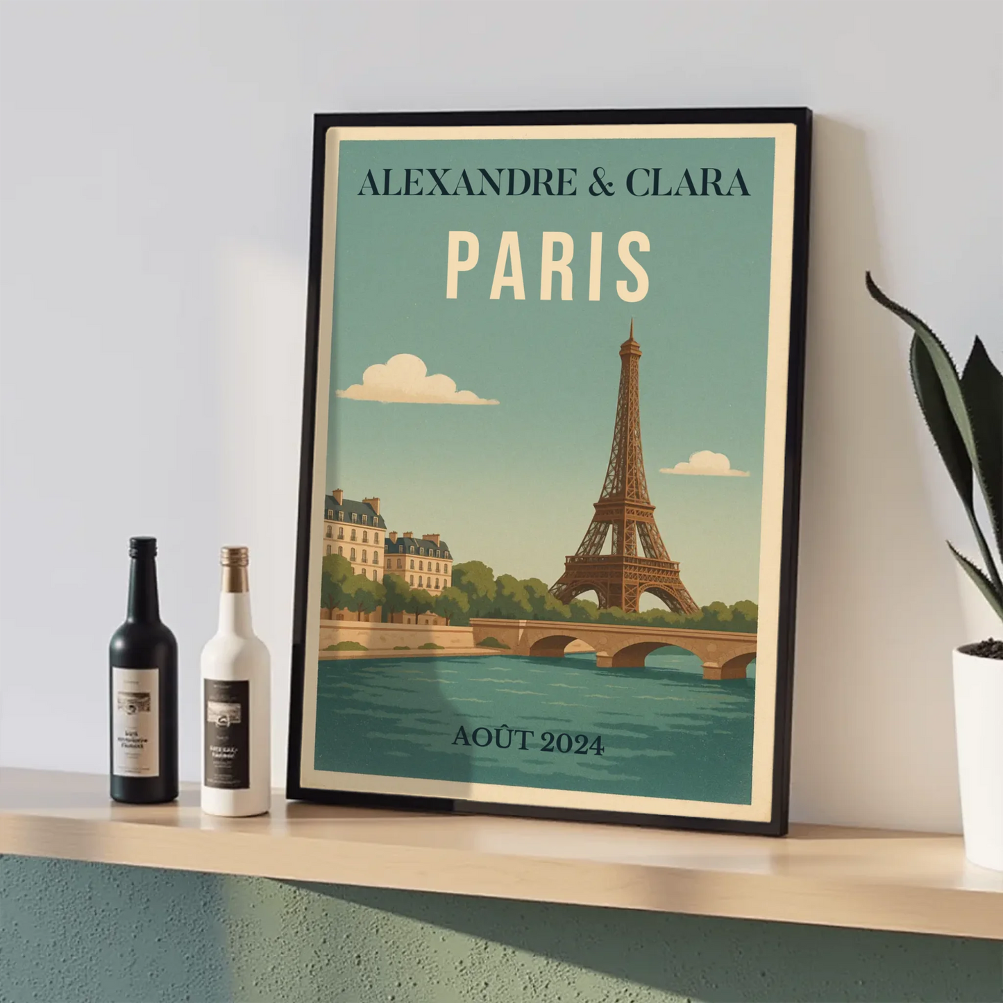 Affiche vintage personnalisée Paris – Tour Eiffel & Pont sur la Seine Affiche vintage personnalisée Plume Revedor