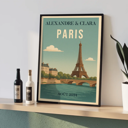 Affiche vintage personnalisée Paris – Tour Eiffel & Pont sur la Seine Affiche vintage personnalisée Plume Revedor