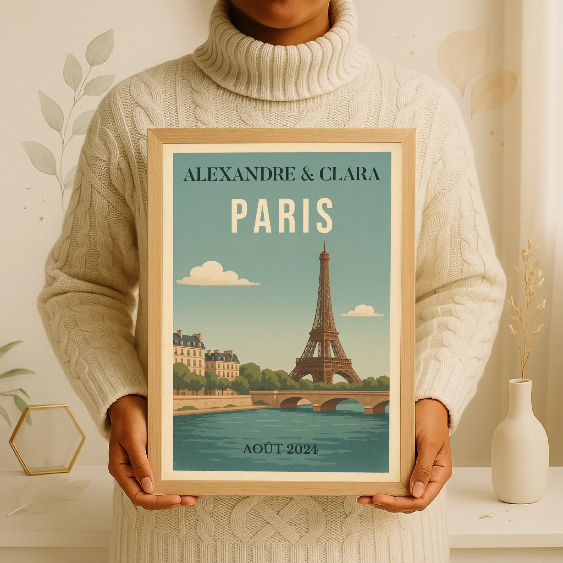 Affiche vintage personnalisée Paris – Tour Eiffel & Pont sur la Seine Affiche vintage personnalisée Plume Revedor