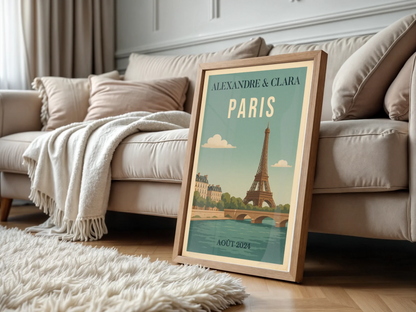 Affiche vintage personnalisée Paris – Tour Eiffel & Pont sur la Seine Affiche vintage personnalisée Plume Revedor