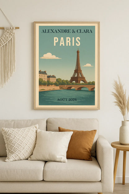 Affiche vintage personnalisée Paris – Tour Eiffel & Pont sur la Seine Affiche vintage personnalisée Plume Revedor