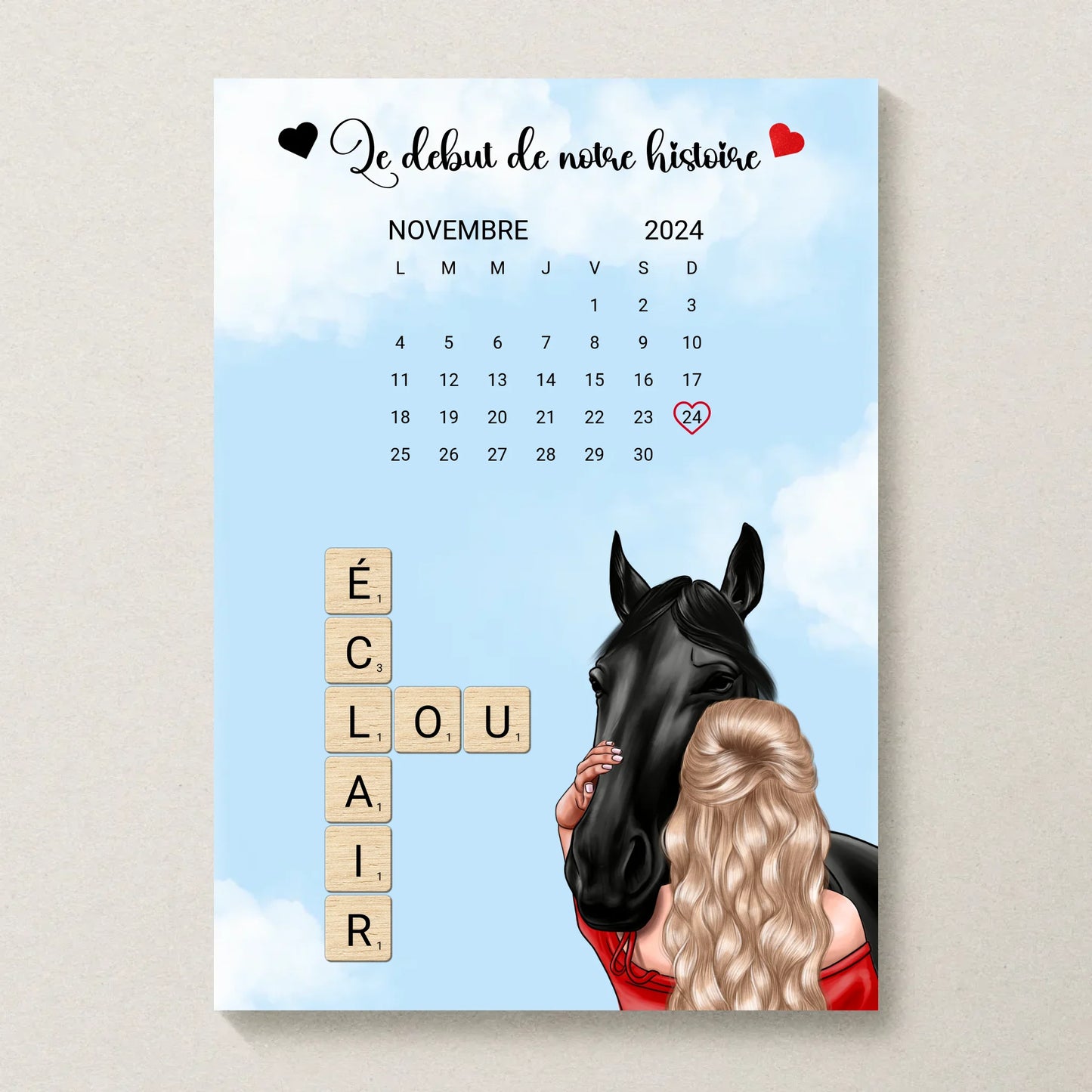 Affiche personnalisée Femme et Cheval avec date et prénoms