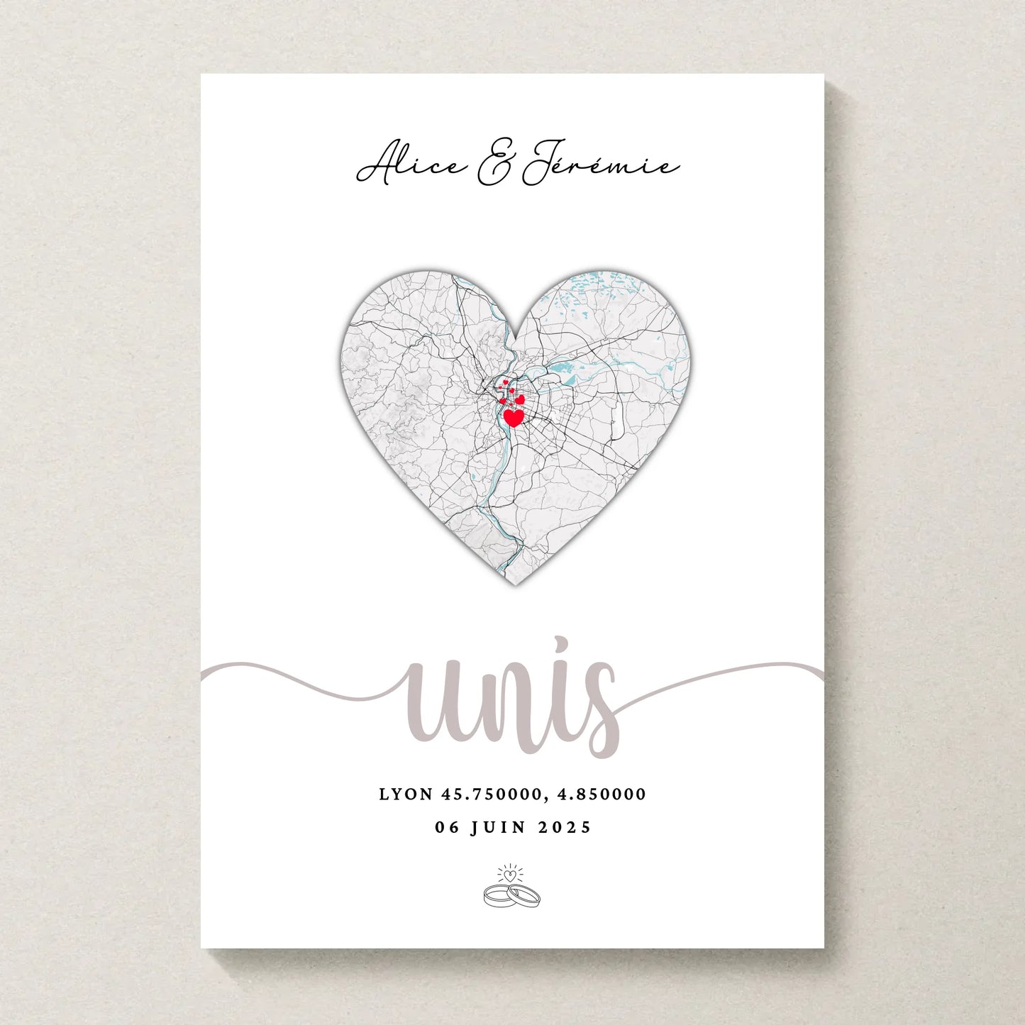 Affiche couple personnalisée carte du lieu de rencontre - cadeau personnalisé couple