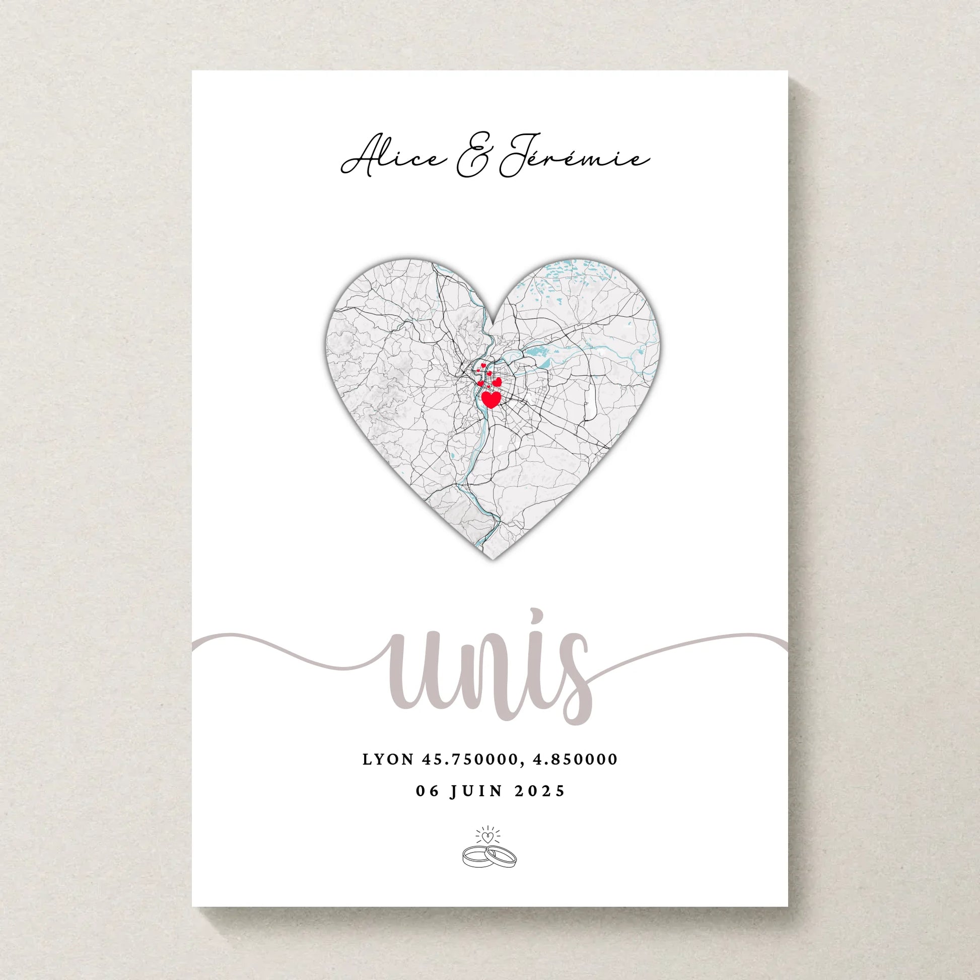 Affiche couple personnalisée carte du lieu de rencontre - cadeau personnalisé couple