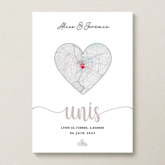 Affiche couple personnalisée carte du lieu de rencontre - cadeau personnalisé couple