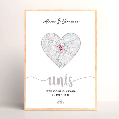 cadre couple personnalisé carte du lieu de rencontre - cadeau personnalisé couple