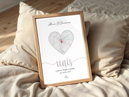 Affiche mariage personnalisée plan cœur – Prénoms du couple, lieu de mariage, coordonnées GPS et date – Cadeau souvenir mariage