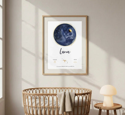 Affiche Personnalisée Naissance - Carte des étoiles avec Constellations, phase de la lune et signe astrologique