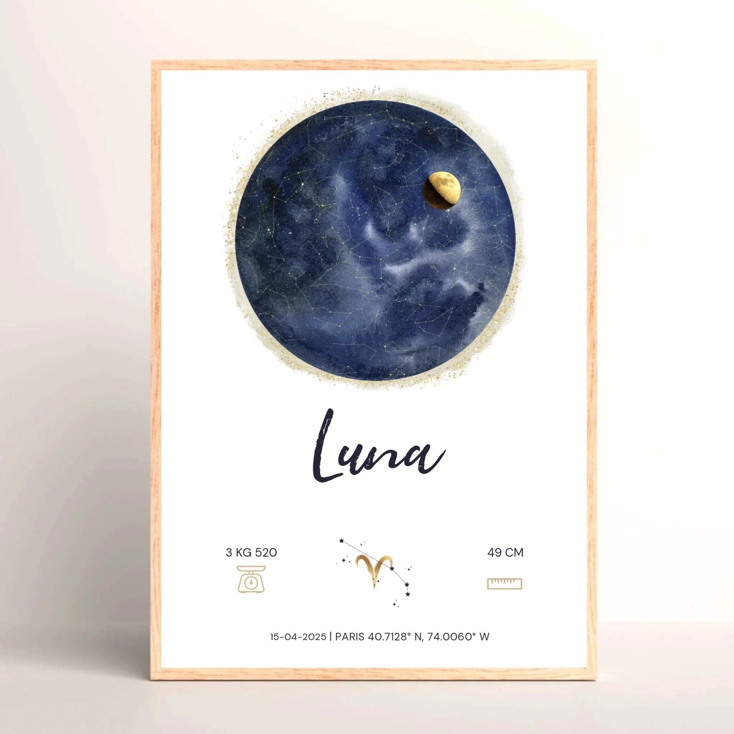 Affiche Personnalisée Naissance - Carte des étoiles avec Constellations, phase de la lune et signe astrologique