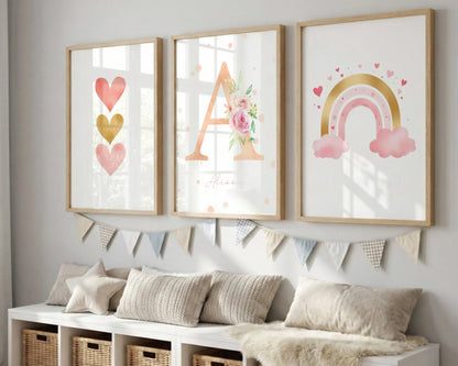 Triptyque chambre bébé - 3 Affiches naissance personnalisées prénom, cœur et arc-en-ciel