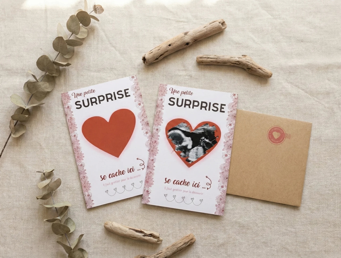 Carte à Gratter "Cœur Surprise" - Annonce Grossesse avec Échographie