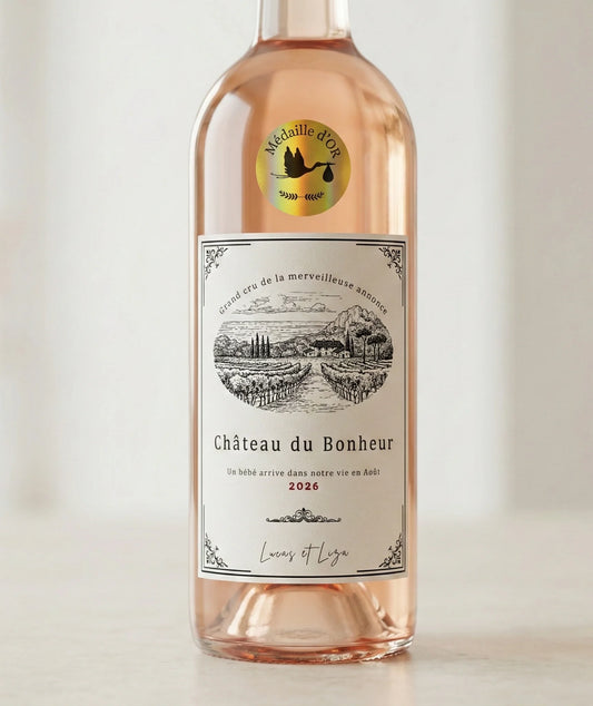 Étiquette Vin Annonce Grossesse Personnalisée - Château du Bonheur (Kraft ou Blanc)