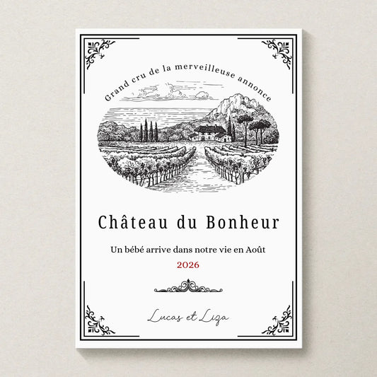 Étiquette Vin Annonce Grossesse Personnalisée - Château du Bonheur (Kraft ou Blanc)